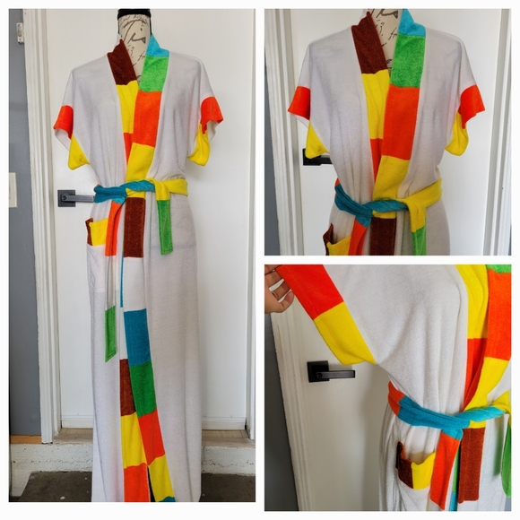 RARE VINTAGE 70s California Terries Long‎ Robe/Swimsuit Cover Terry Cloth Size L
